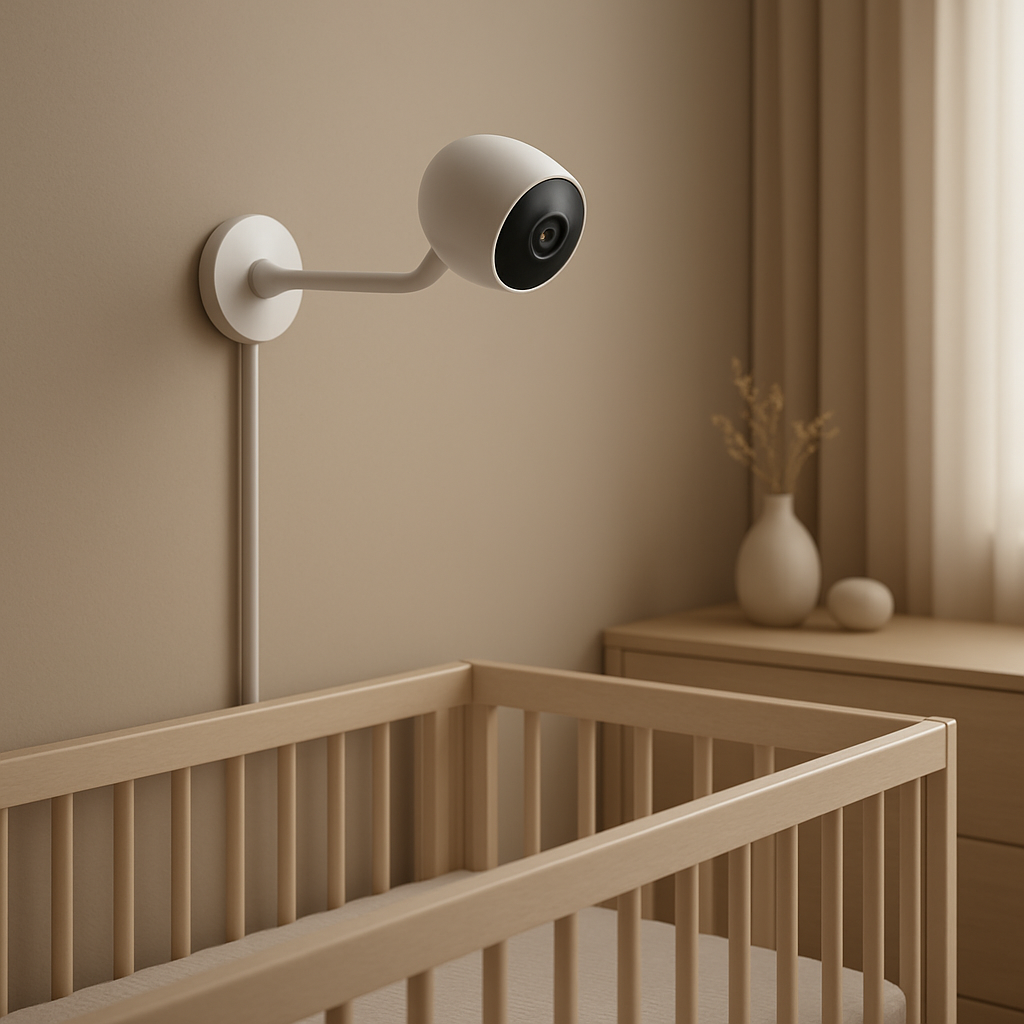 An overhead smart baby monitor camera mounted above a crib in a modern nursery