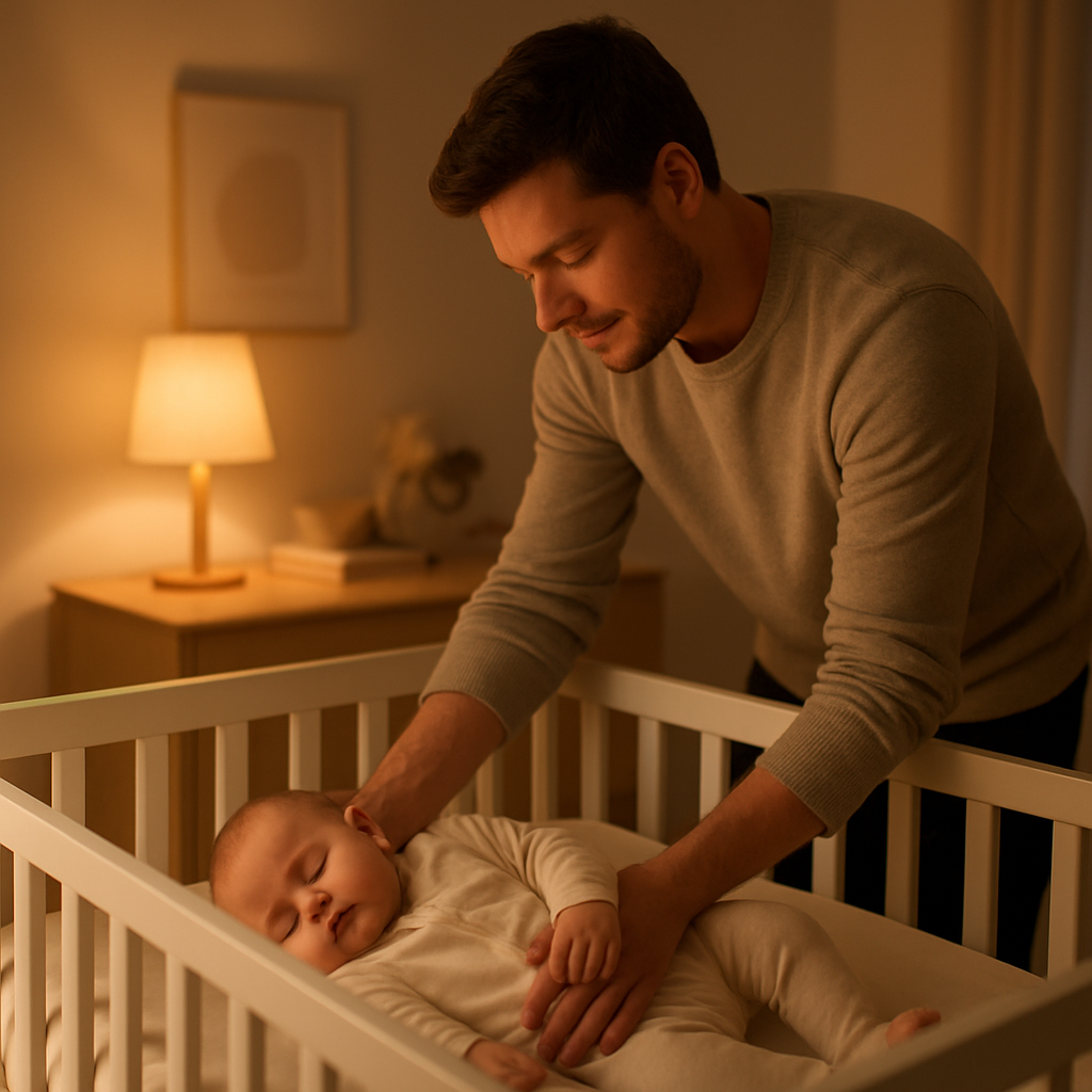 Parent placing baby in crib